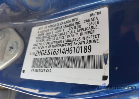 2004 Honda Civic Vp z USA, uszkodzony, nr VIN 2HGES16314H610189